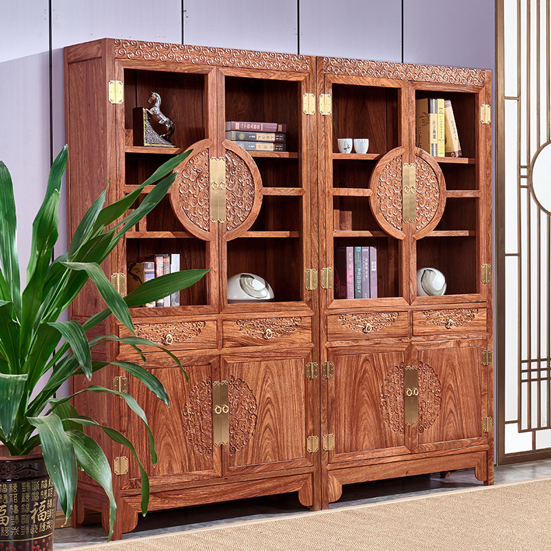 极速红木a书柜组合中式储物柜新中式大容量收纳刺猬紫檀防尘玻璃