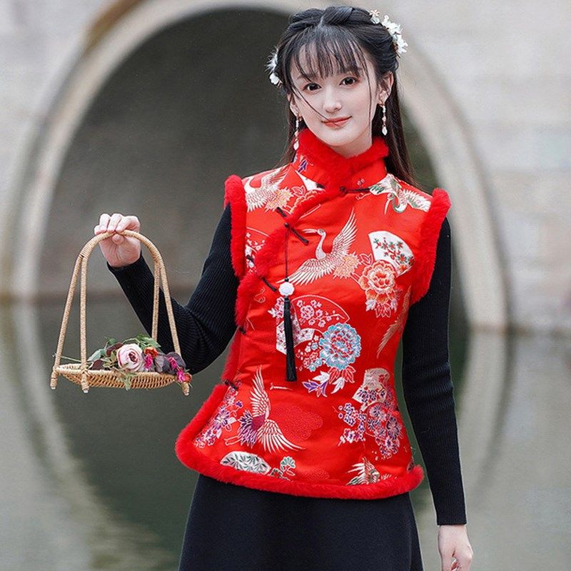 新品过年唐装女装中式小棉袄拜年服女H大人中国风马甲冬装汉服旗