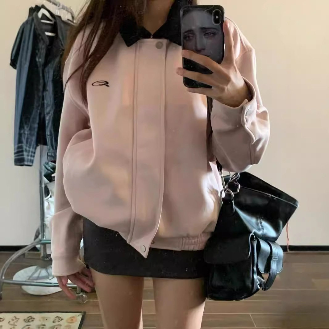 原版做工面料粉色翻领工装通勤风