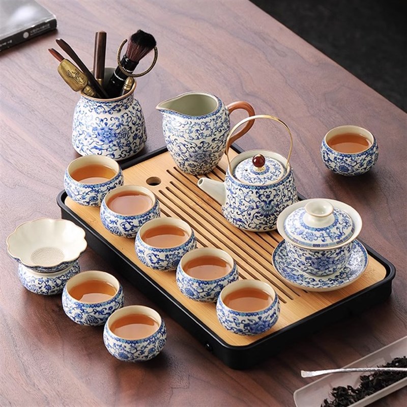速发汝窑青花缠枝莲功夫茶具套装提梁壶盖碗杯子办公整套2025新款