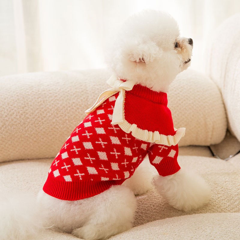 速发秋冬季小可爱型蝶结翻领毛衣公主风猫咪针织衣小犬蝴衣服