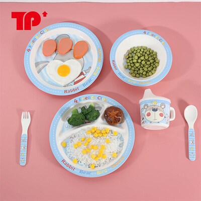 速发跨境货源密胺仿瓷套具儿童用餐碗分格盘辅食汤碗带盖杯装碟