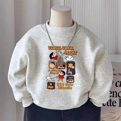 儿童白灰色圆领无帽卫衣男女童秋