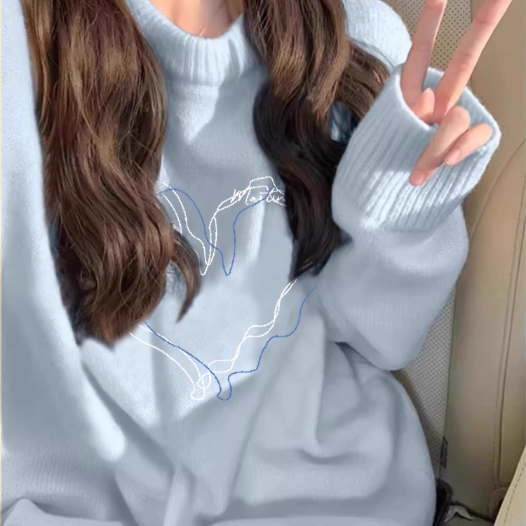 儿童爱心印花蓝色毛衣男女童秋冬加绒加厚中大童宽松洋气针织上衣