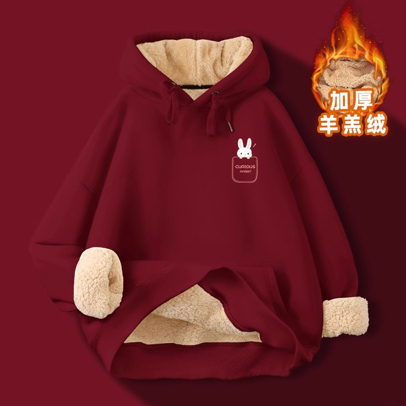 儿童酒红色羊羔绒连帽卫衣男女童