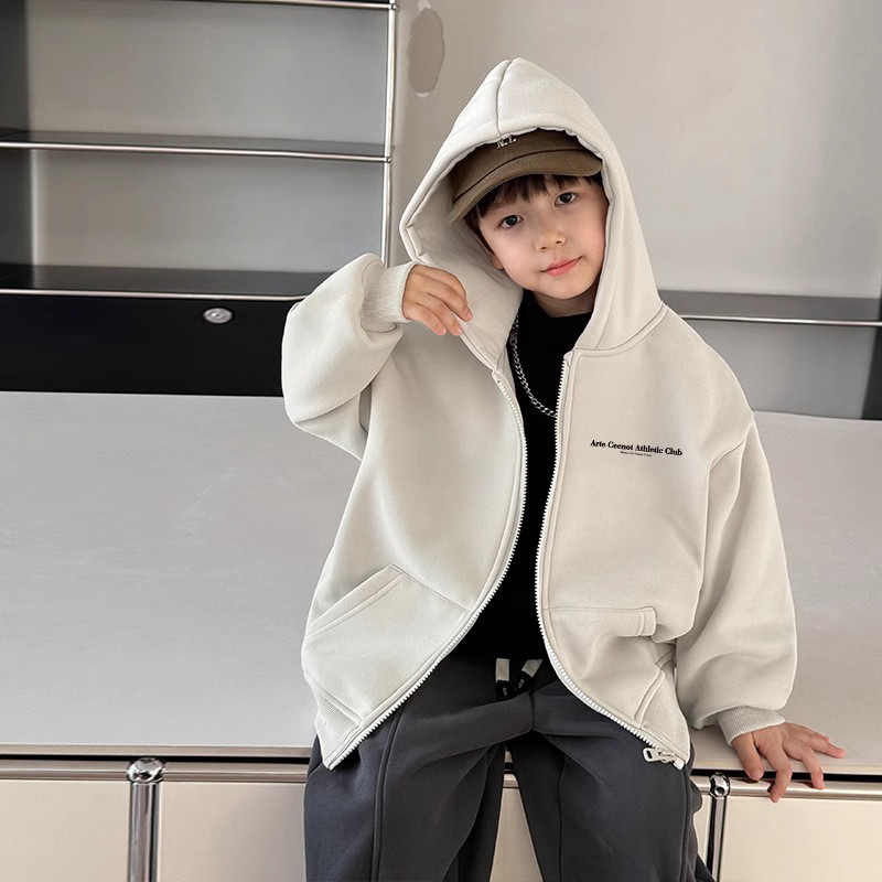 中大童儿童字母印花连帽开衫卫衣男童秋冬加绒加厚宽松帽衫外套潮