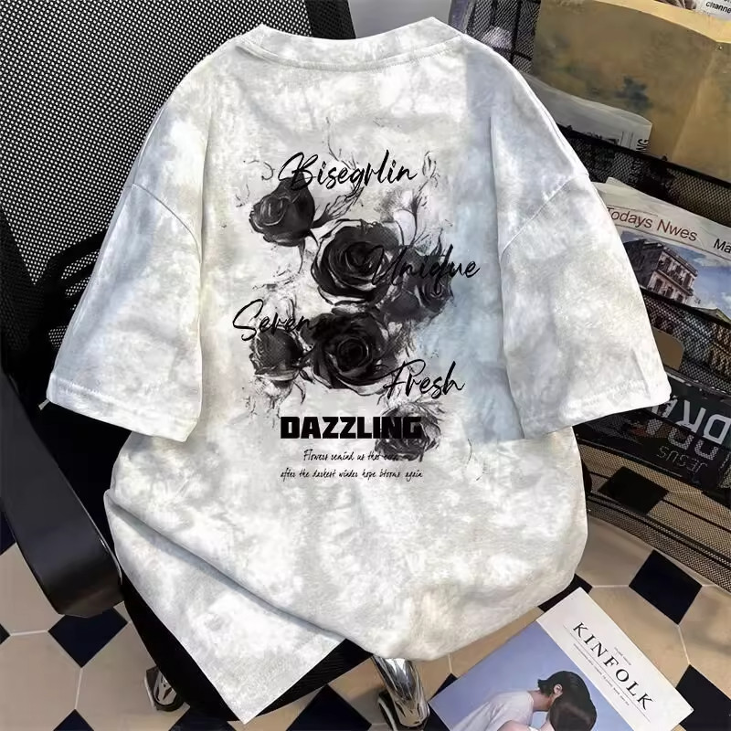 中大儿童脏脏扎染短袖t恤男女童夏季2026新款玫瑰花潮牌复古上衣