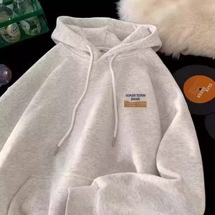 中大童白灰色连帽卫衣男女童春秋冬新款儿童潮牌加绒宽松百搭外套
