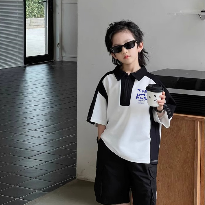 儿童装半拉链polo短袖t恤男女童