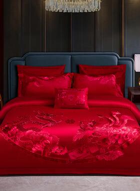 w1tr140s大红色婚庆四件套贡缎结婚套件新婚床单被套婚礼床上