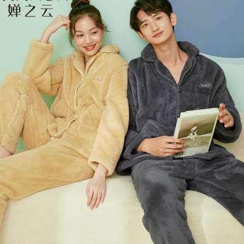 婵之云情侣睡衣女秋冬季珊瑚绒加厚加绒长袖男士家居服套装可外穿