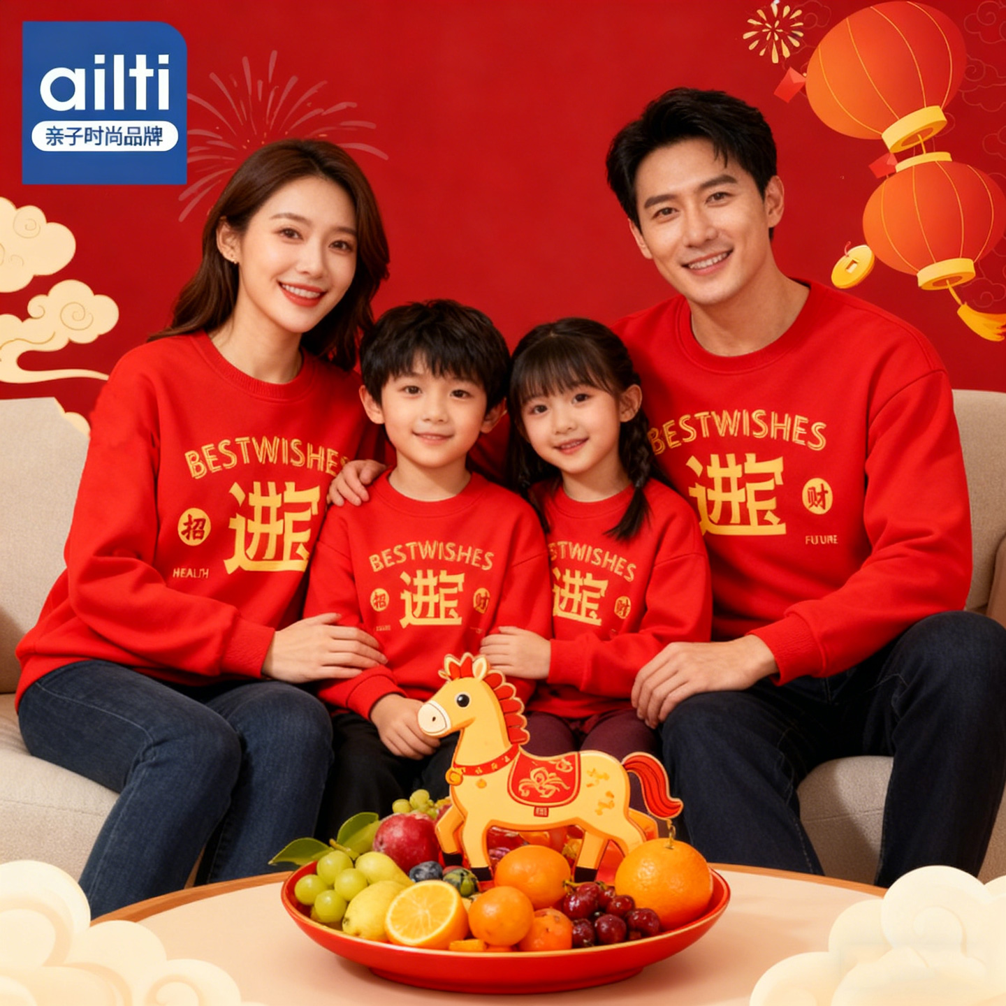 亲子装一家三口冬装加绒国潮卫衣