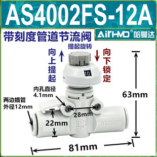 SMC型气动管道调速阀AS1002FS-04/06/08A带刻度节流阀接头AS2052F