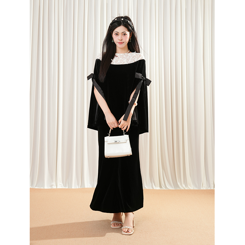 午夜山茶 仙气丝绒斗篷上衣+鱼尾半身裙套装设计感蕾丝拼接两件套