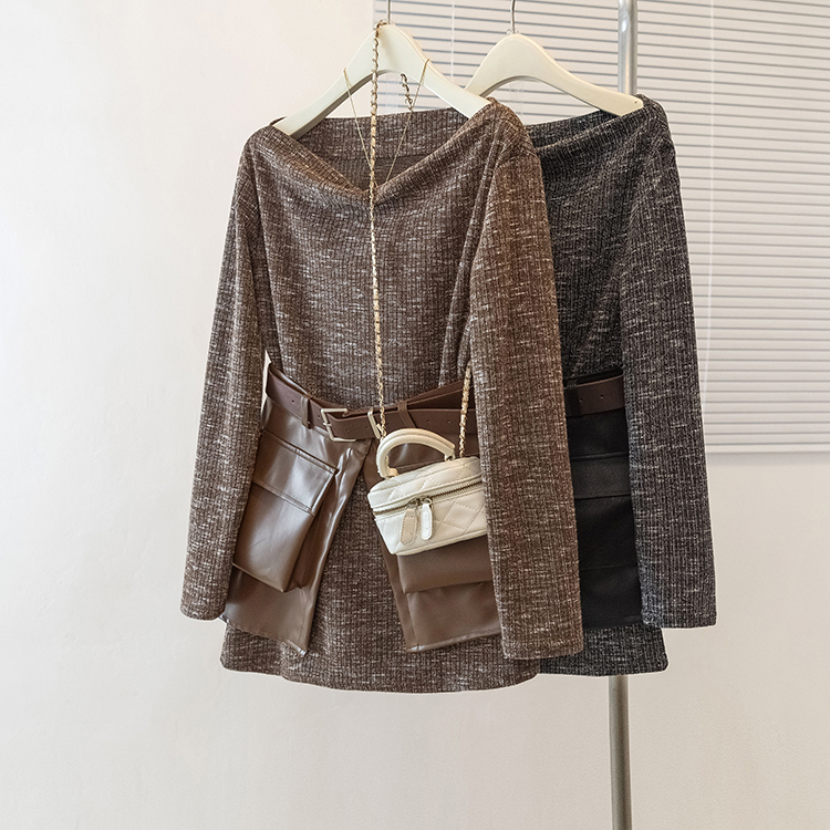 美拉德咖色一字领针织衫女2025秋新款胖mm皮裤腰带收腰上衣两件套