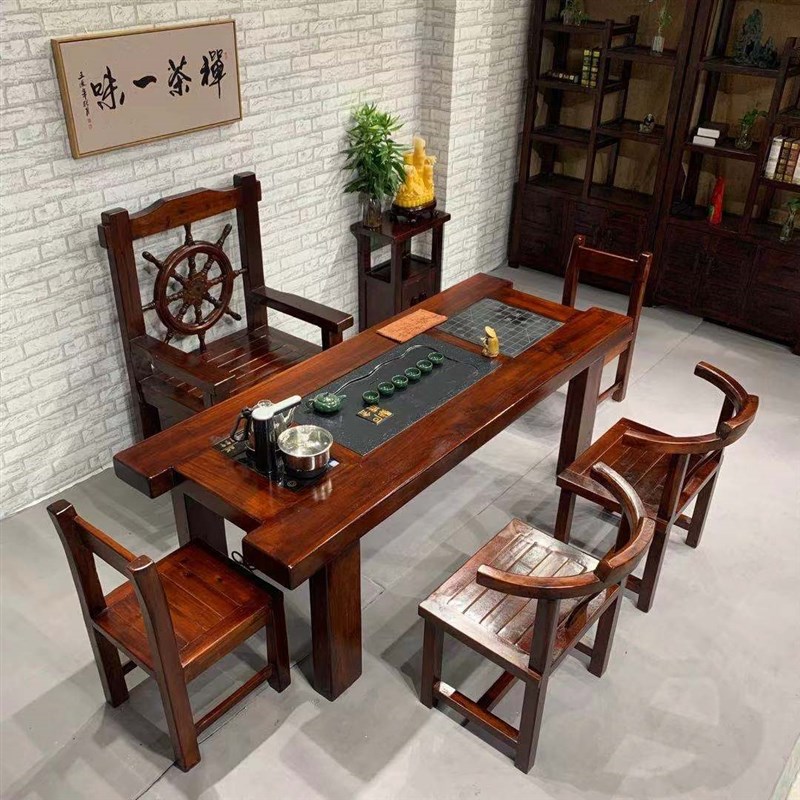 老船木茶桌椅组合实木茶台新中式家具G一桌五椅办公室家用功夫泡
