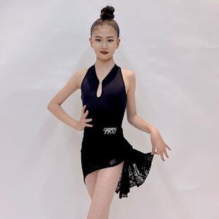 拉丁舞服装套装儿童春夏拉丁舞裙女童黑色开叉舞蹈服练功服演出服