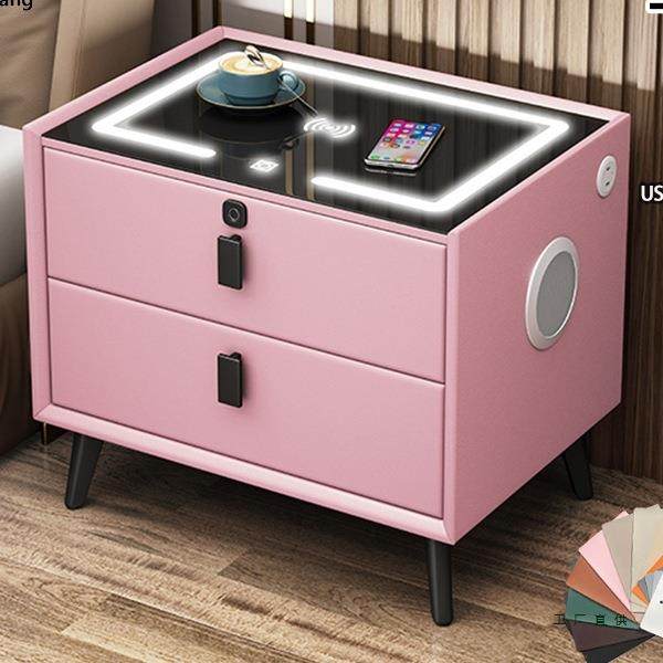 智能床头柜可充电多功能实木收纳柜简约现代带锁灯光家用卧室柜子