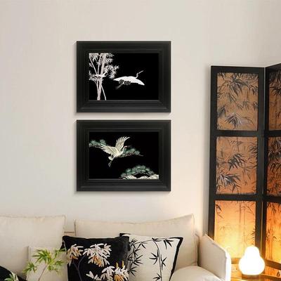 《松鹤长春》中古风客厅装饰画轻法式中古风仙鹤过户卧室玄关挂画