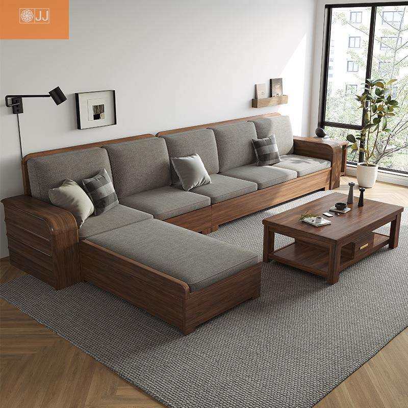 新中式高箱储物转角贵妃冬夏两用现代简约南美黑胡桃木全实木沙发