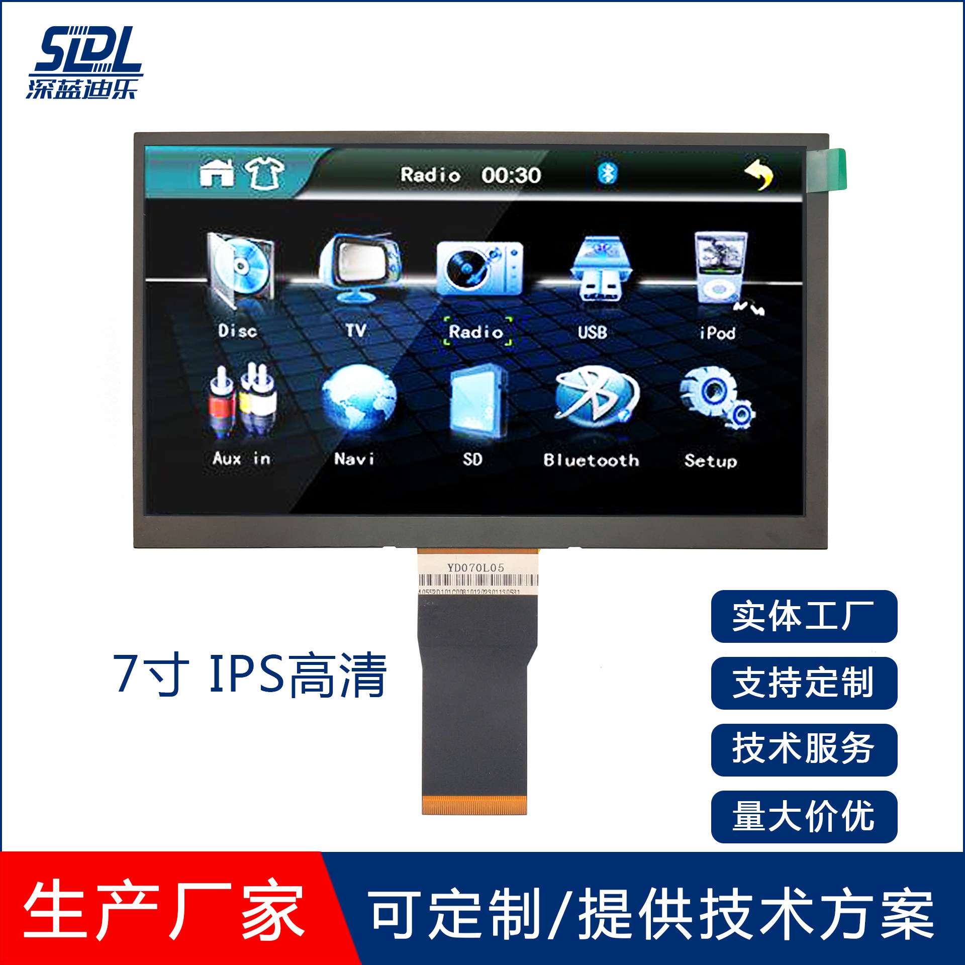 7寸TFT LCD液晶屏IPS全视角1024*600高清显示屏50PIN高亮度可客制