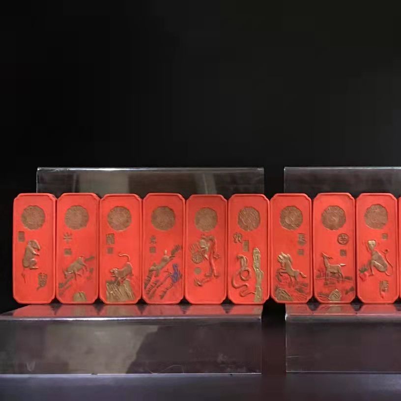 古玩朱砂老墨块摆件十二生肖套装鼠牛虎兔龙蛇马羊猴鸡狗猪摆饰