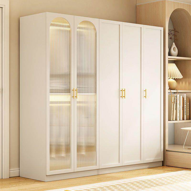 全实木衣柜家用卧室现代简约对开门柜子轻奢奶油风玻璃门衣橱组合