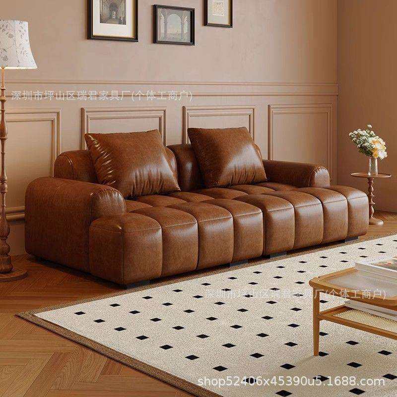 美式复古猫抓油蜡皮泡芙沙发客厅家用小户型公寓直排美式方块沙发