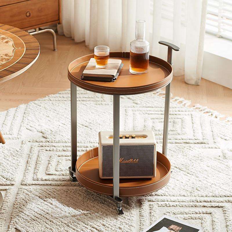 轻奢马鞍皮沙发边几客厅阳台可移动置物架设计感推车小户型茶几
