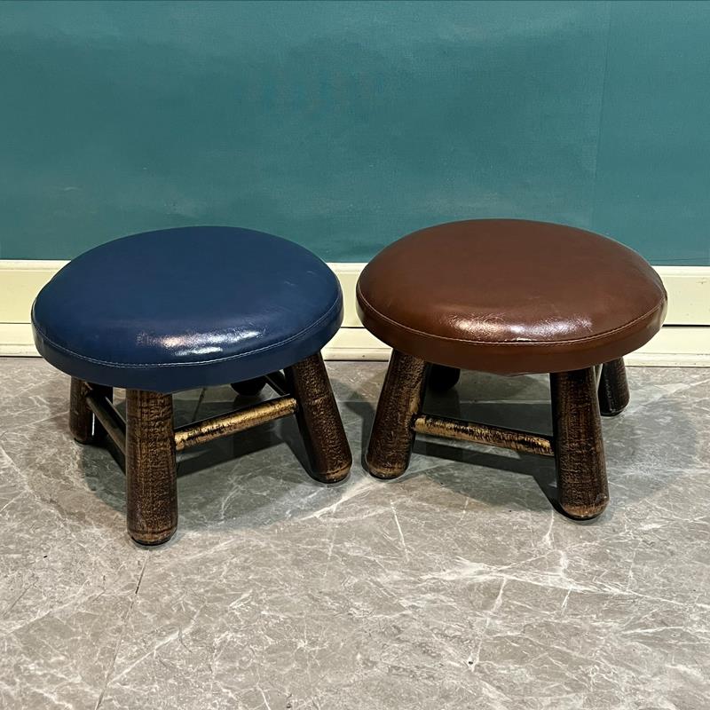 W8简约现代圆凳子原纯实木儿童家用客厅宝宝椅可爱软面皮革矮小板