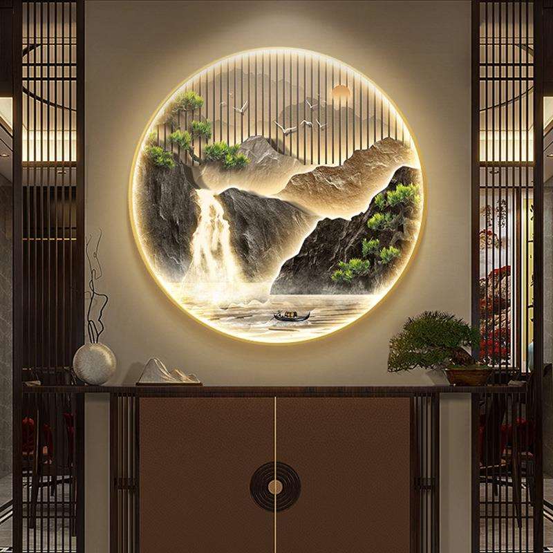 新中式入户门玄关装饰画流水生财圆形山水挂画寓意好走廊过道壁画