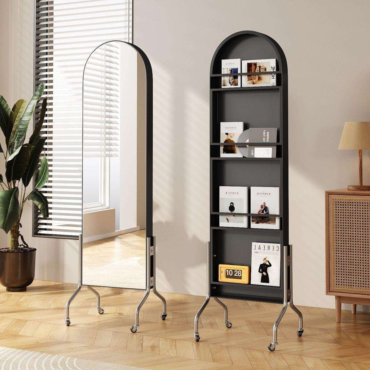全身移动旋转家用穿衣镜收纳落地古风杂志架卧室高清镜子置物架