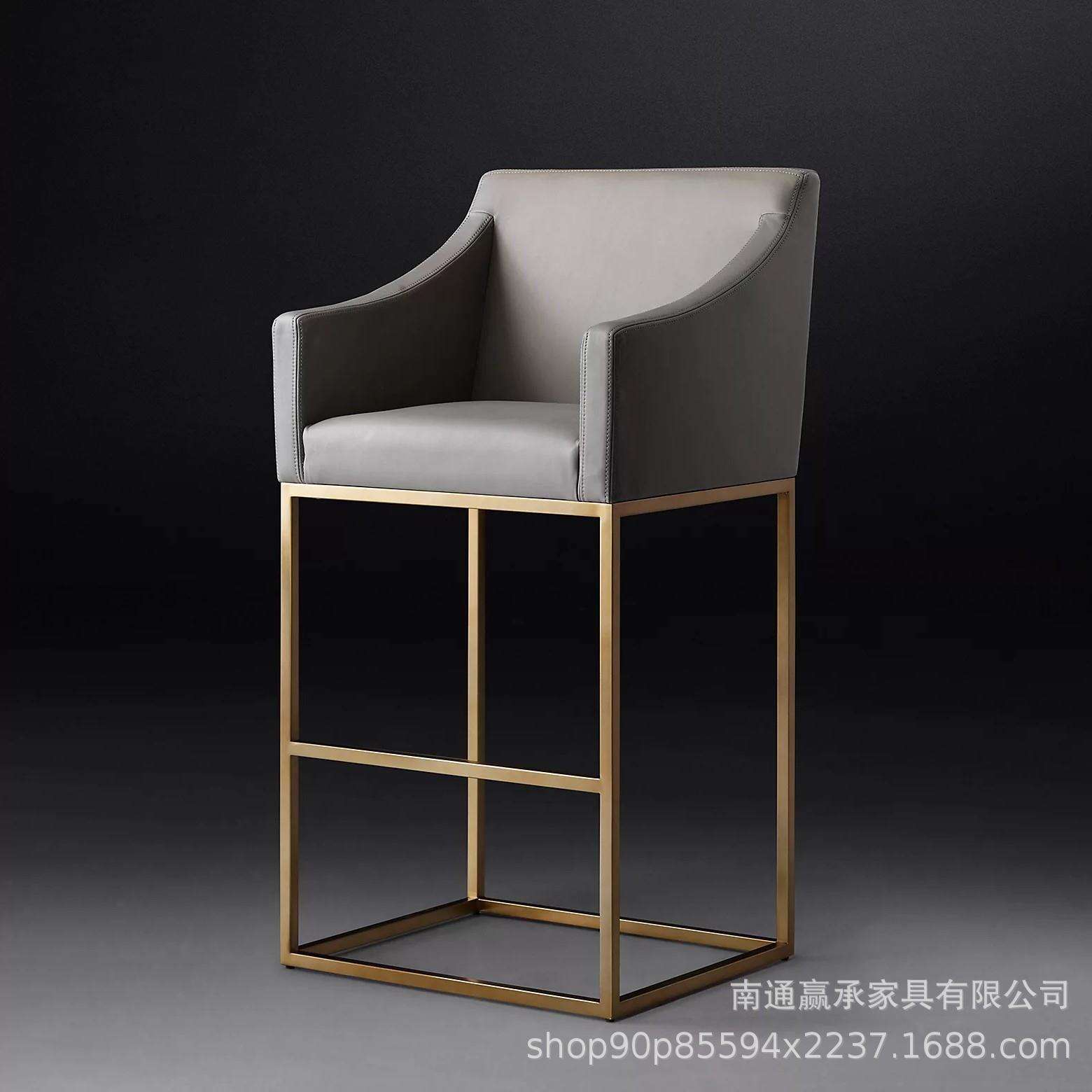 铁艺吧椅意式现代简约轻奢皮艺吧椅美式艺术不锈钢金属脚全皮吧凳