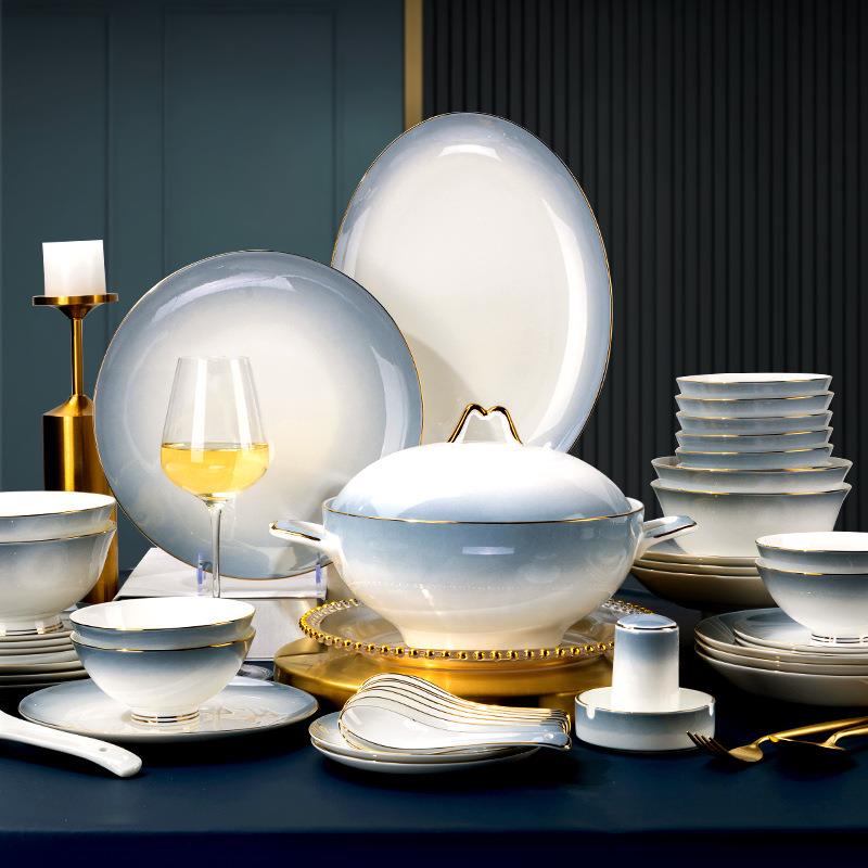 唐山碗碟套装家用金边釉中彩轻奢骨瓷餐具套装渐变陶瓷碗盘乔迁