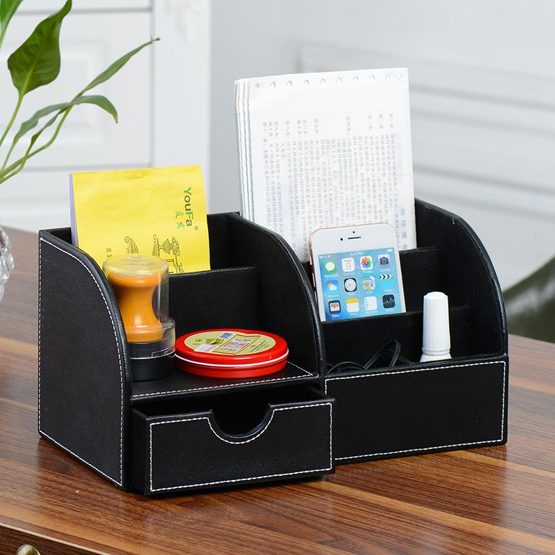 创意皮质桌面收纳盒 创意多功能笔筒 韩国黑色文具整理盒包邮