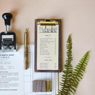 规律vintge复古金属实木小票纸张收纳夹立式二维码活页展示菜单夹