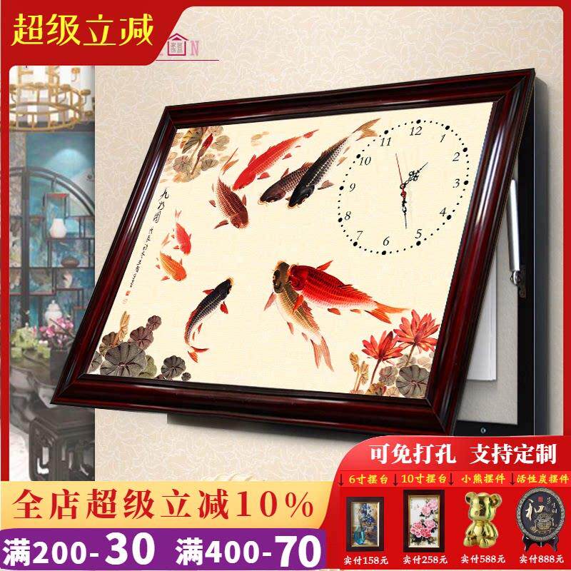 电表箱装饰画 画带钟表新中式实木配电箱免打孔液压上翻中国画 画