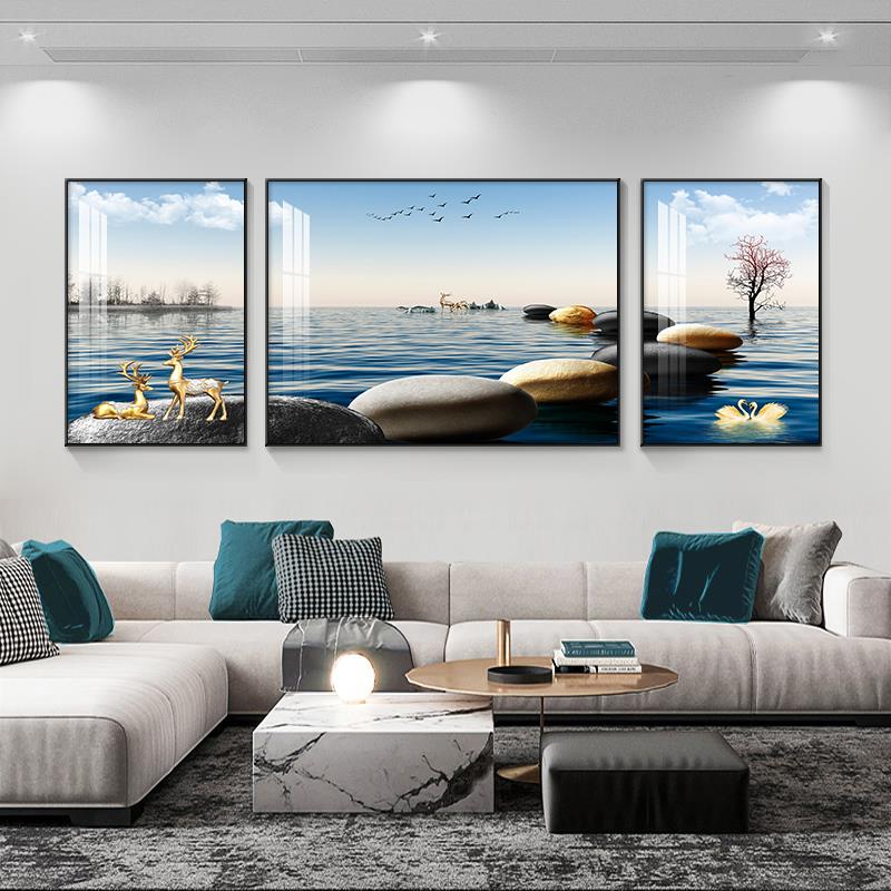 客厅装饰画现代简约沙发背景墙壁画石来运转三联画晶瓷画24年新款