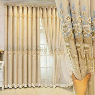 双层绣花纱布一体客厅隔热防晒遮 19EK简欧全遮光窗帘成品卧室新款