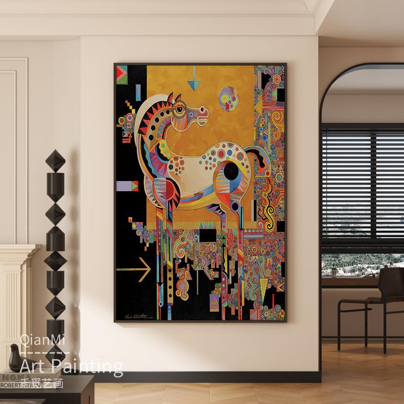 抽象彩色骏马玄关装饰画北欧轻奢走廊过道壁画大气客厅餐厅装饰画图片