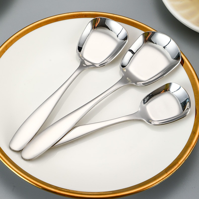 勺子304不锈钢平底勺加厚方头勺家用吃饭汤勺雪糕勺中式调羹餐具