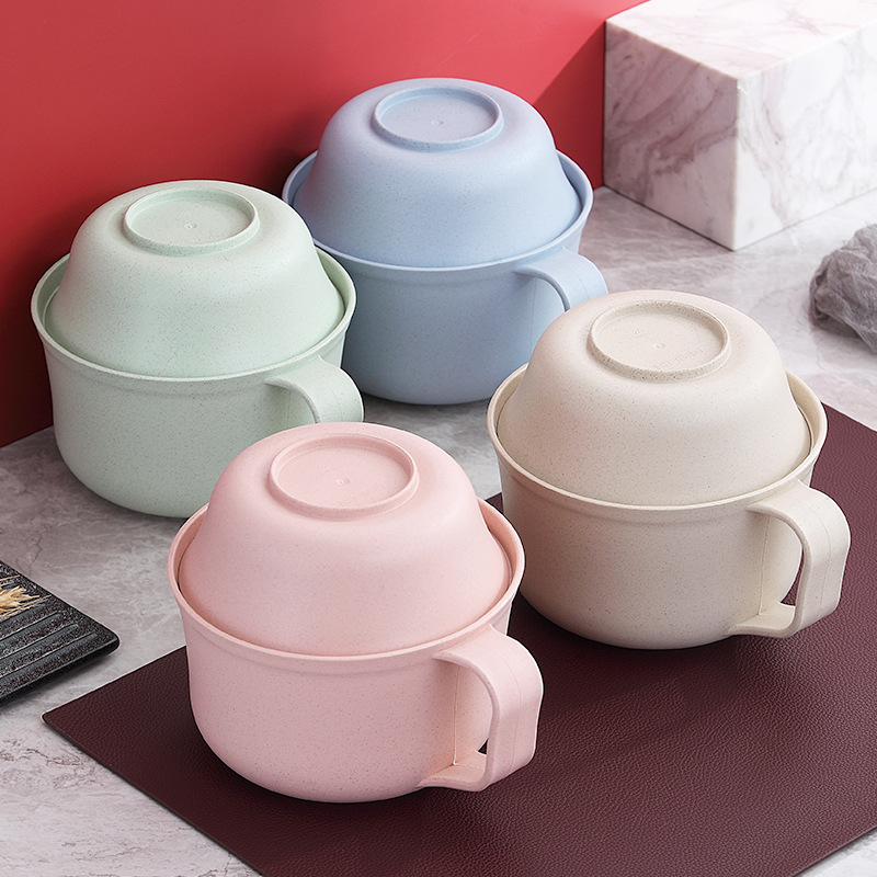 小麦秸秆泡面碗创意单个带盖日式简约学生家用方便面碗一件代发