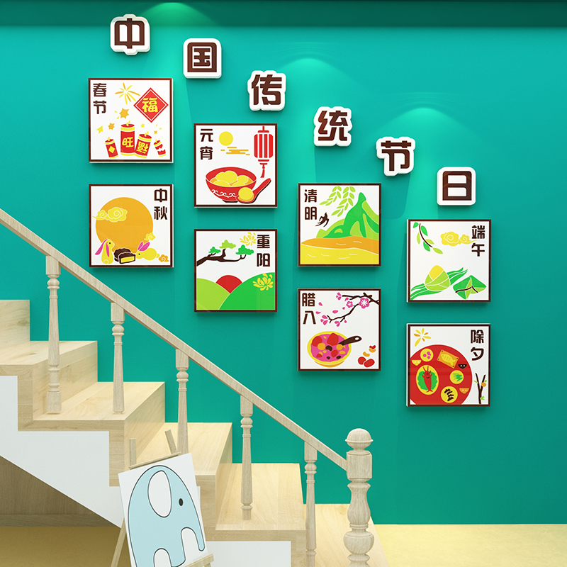 传统节日幼儿园墙面装p饰成品班级文化主题墙贴画走廊过道楼梯环
