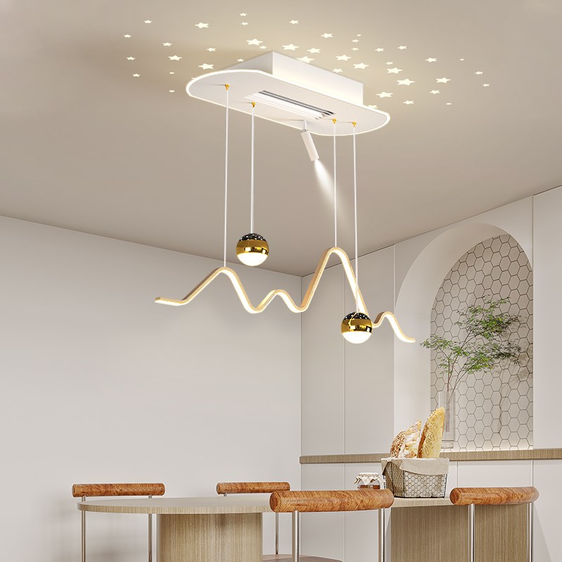 速发厅餐灯无叶风扇灯创意星空一字波浪餐桌吧灯吊台简约中山灯具