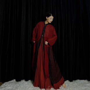 速发WYZ盖扣长款中国风盘盖立纱飘逸纱衣新中式黑红双层长领衣