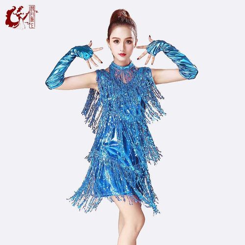速发新款拉丁舞亮片流苏裙无袖裙比出服成人套装表演演赛吊服带连