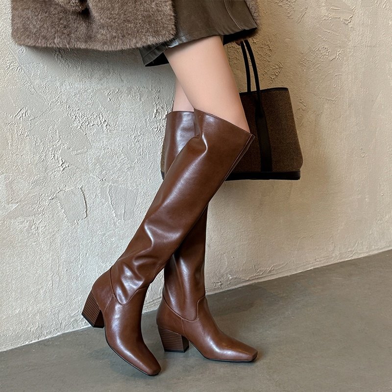 6cm时尚圆头粗跟长筒骑士靴