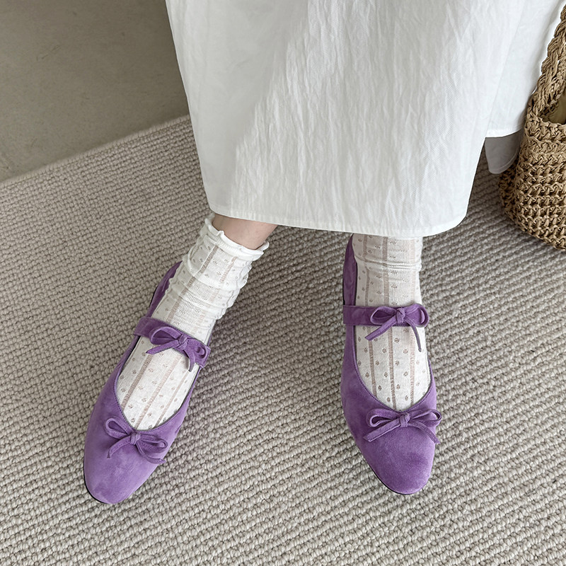 羊反绒蝴蝶结浅口低跟玛丽珍鞋