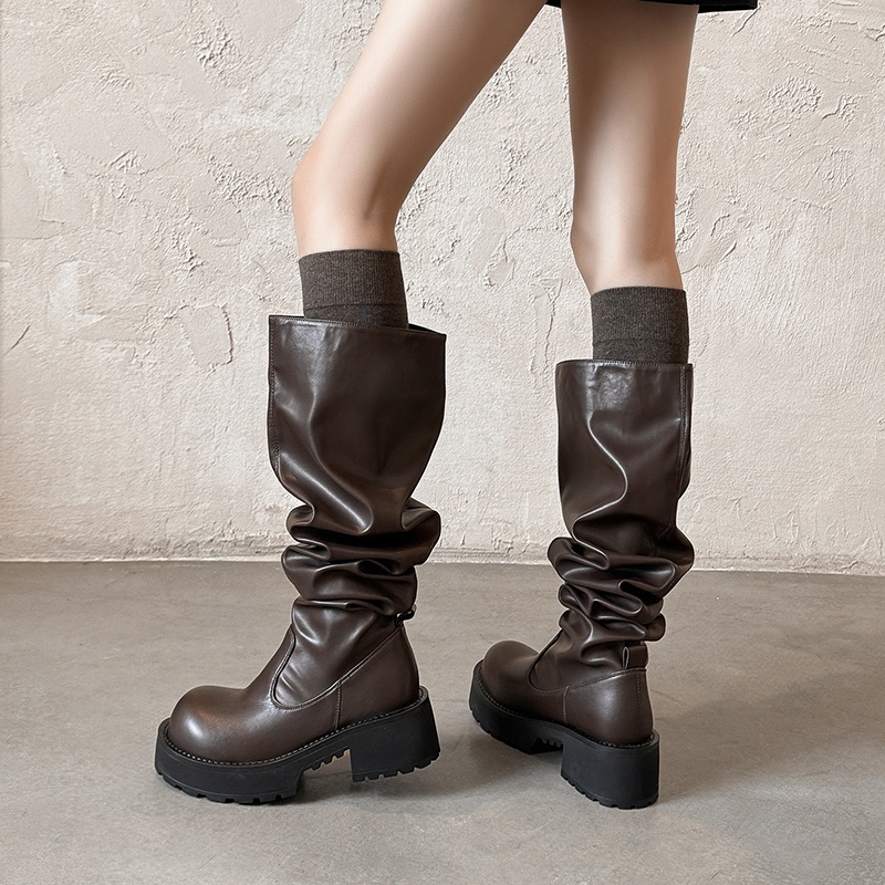 5.5cm时尚圆头厚底增高骑士靴女百搭纯色韩版风褶皱牛皮时装靴子