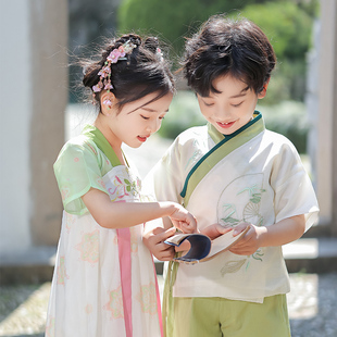 新品男小童汉服两件套表演服古风夏季中国风短袖唐装女中童连衣裙